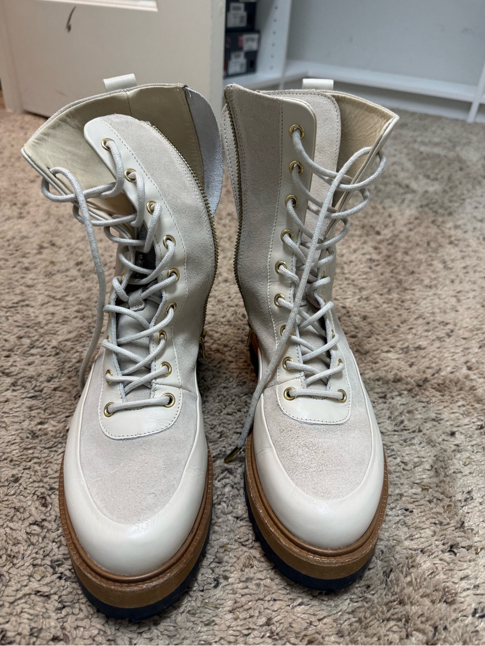Varley Cream Lace-Up Platform Combat Boots